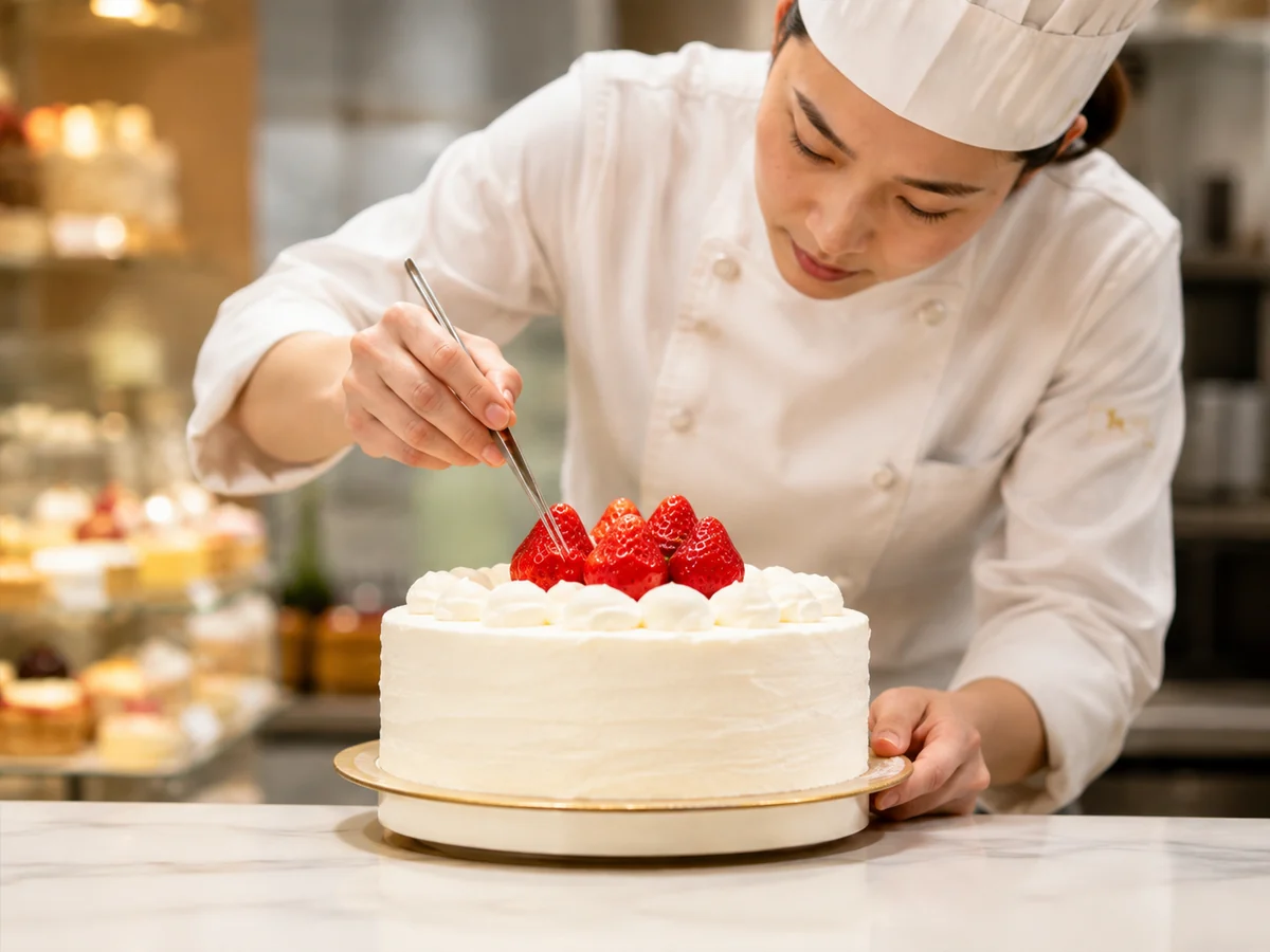 パティシエが苺のケーキを丁寧に仕上げる様子