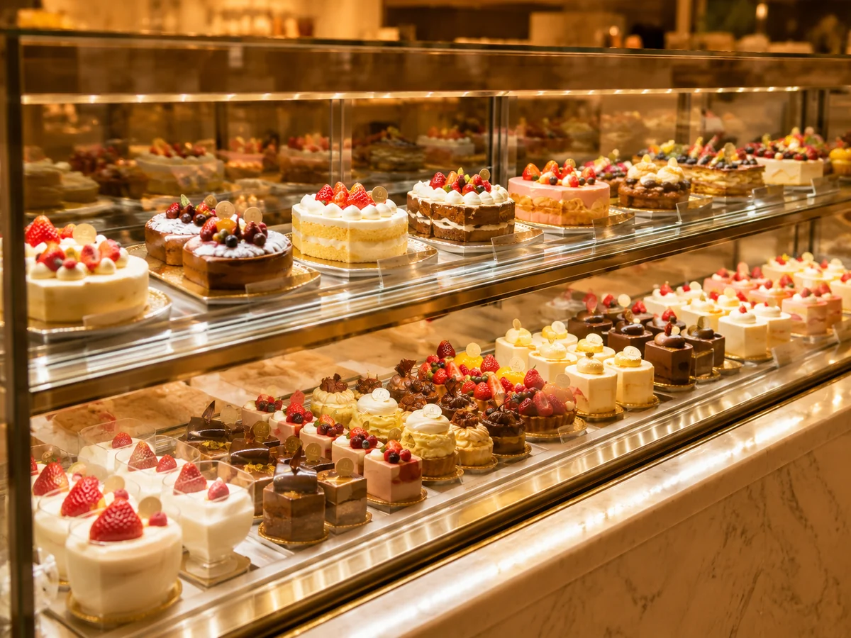 色とりどりのケーキが並ぶショーケース